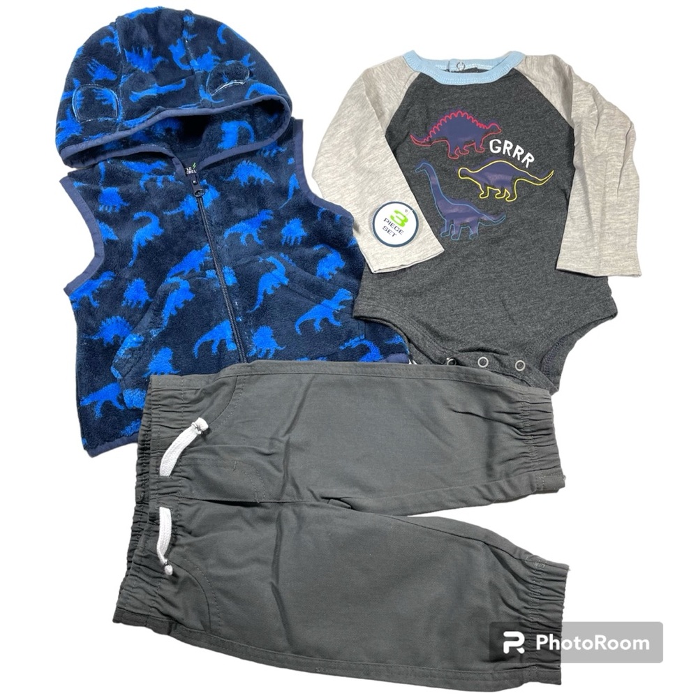 NWT Little Rebels 3 piece set-dinosaur fleece vest, bodysuit and twill pant 3/6M